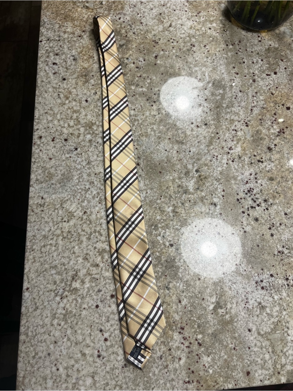 Burberry Beige Plaid Silk Tie with Black and White Accents